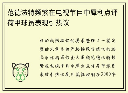 范德法特频繁在电视节目中犀利点评荷甲球员表现引热议