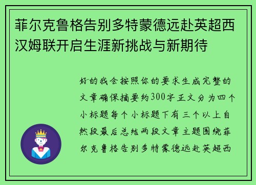 菲尔克鲁格告别多特蒙德远赴英超西汉姆联开启生涯新挑战与新期待